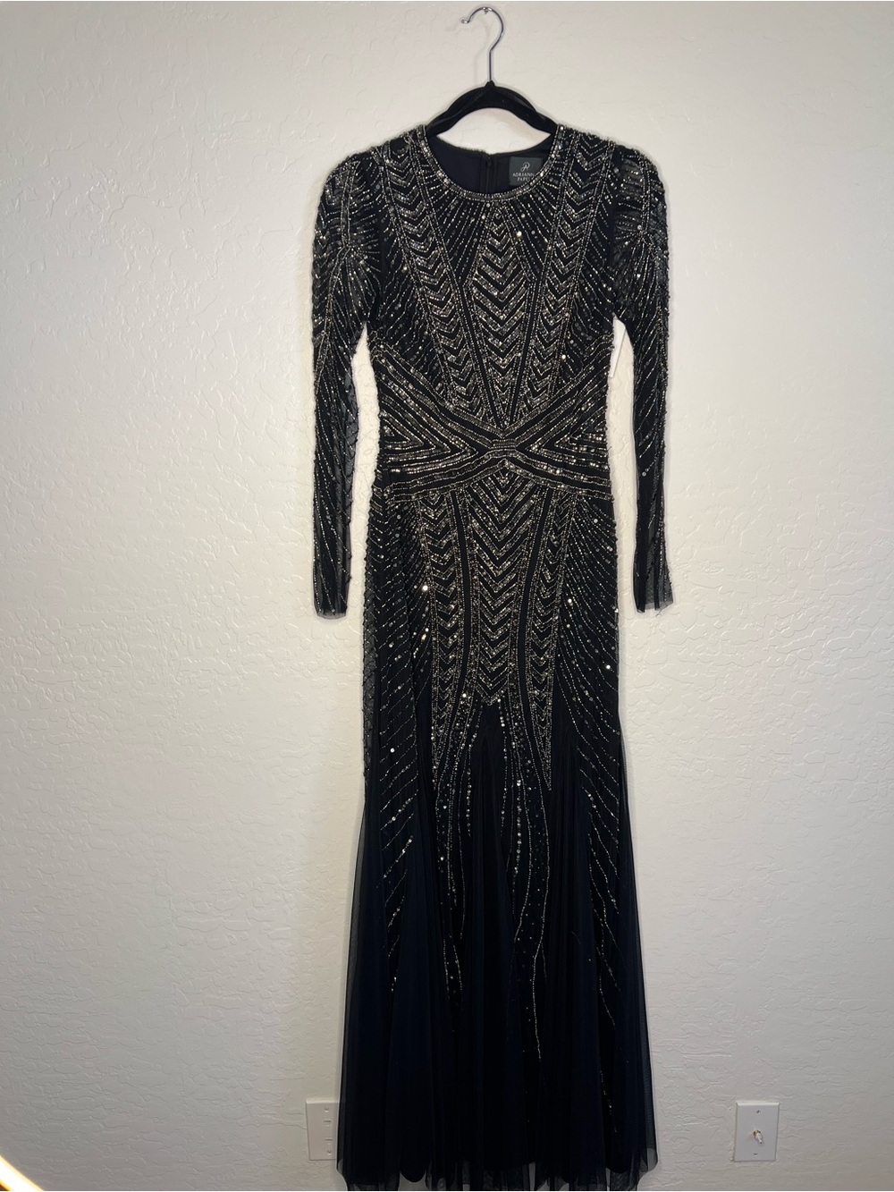 Adrianna Papell Black Beaded Long Sleeve Gown